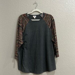 Lularoe gray 3/4 sleeve shirt with red pink green flowered sleeves womens Sz 3XL